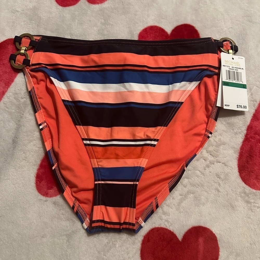 NWT Michael Kors Bright Stripe High Waist Bikini Bottom Ring Chain - Picture 5 of 12